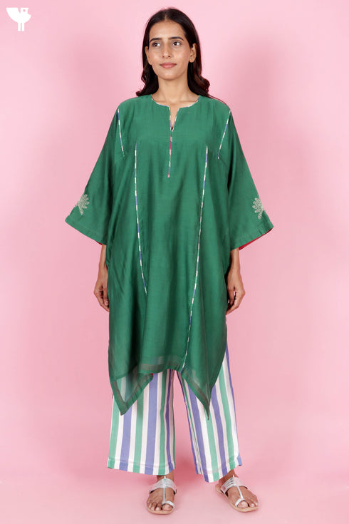 Chanderi Silk Kurta Pant Set With Block Print